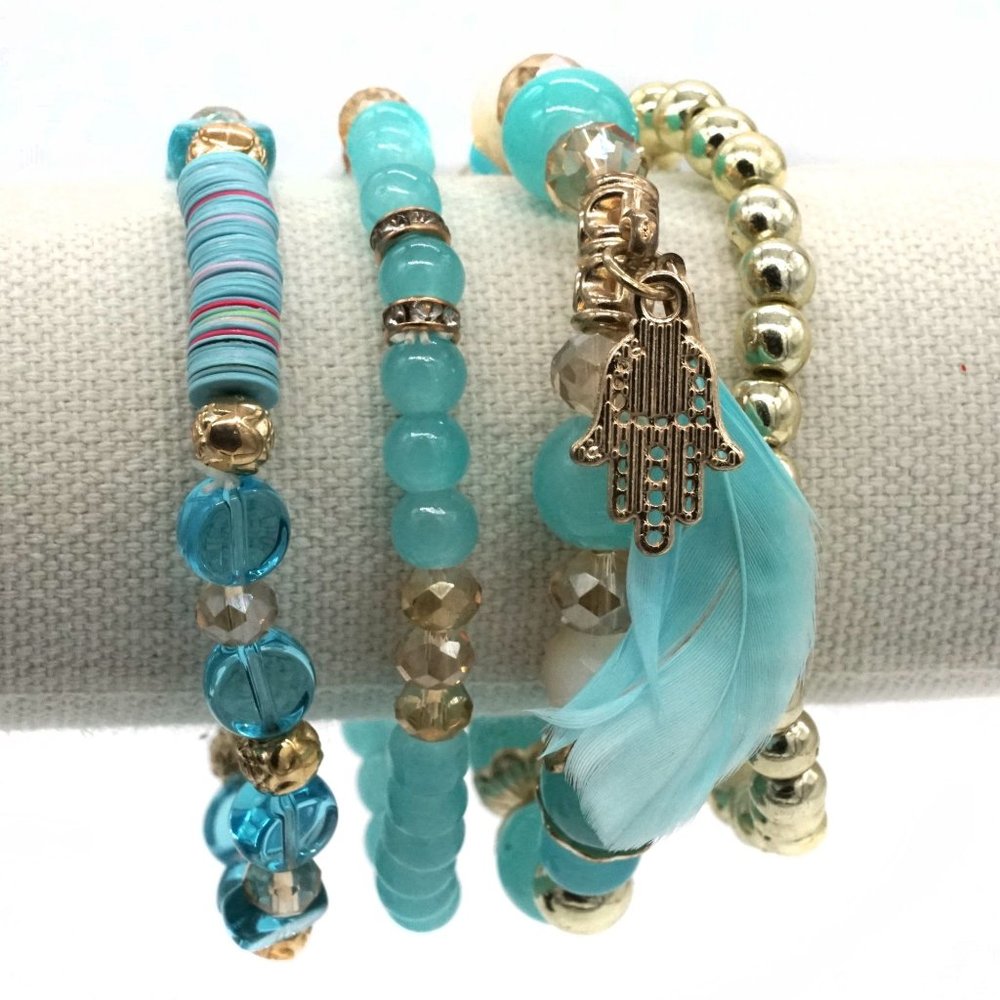Bracelet Four Strands Blue & Gold Beads Chakra Charm. OS. - Picture 2 of 3